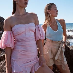 BARDOT Chiara Mini Bustier CameoPink Off-Shoulder Dress with Puff Sleeves